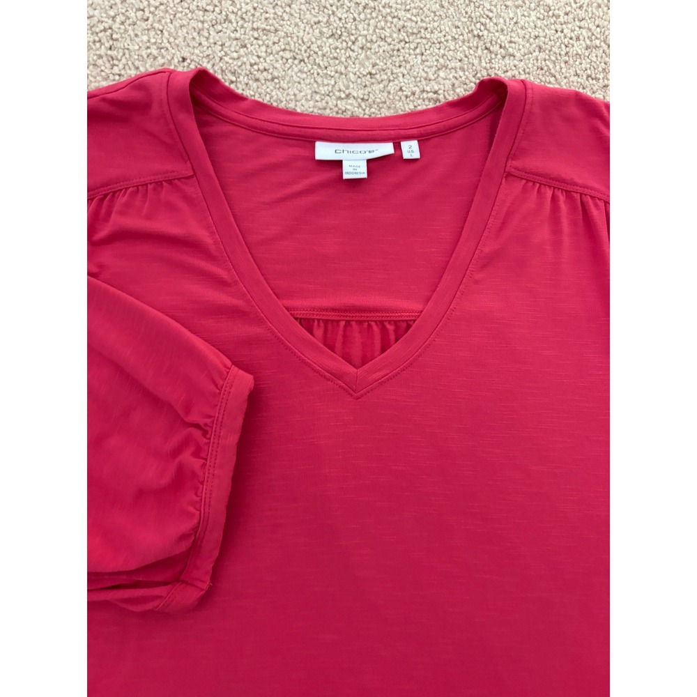 Chicos Women V-Neck Blouse Size 2 Large Dark Pink Short Slv Shirred High-Low Top